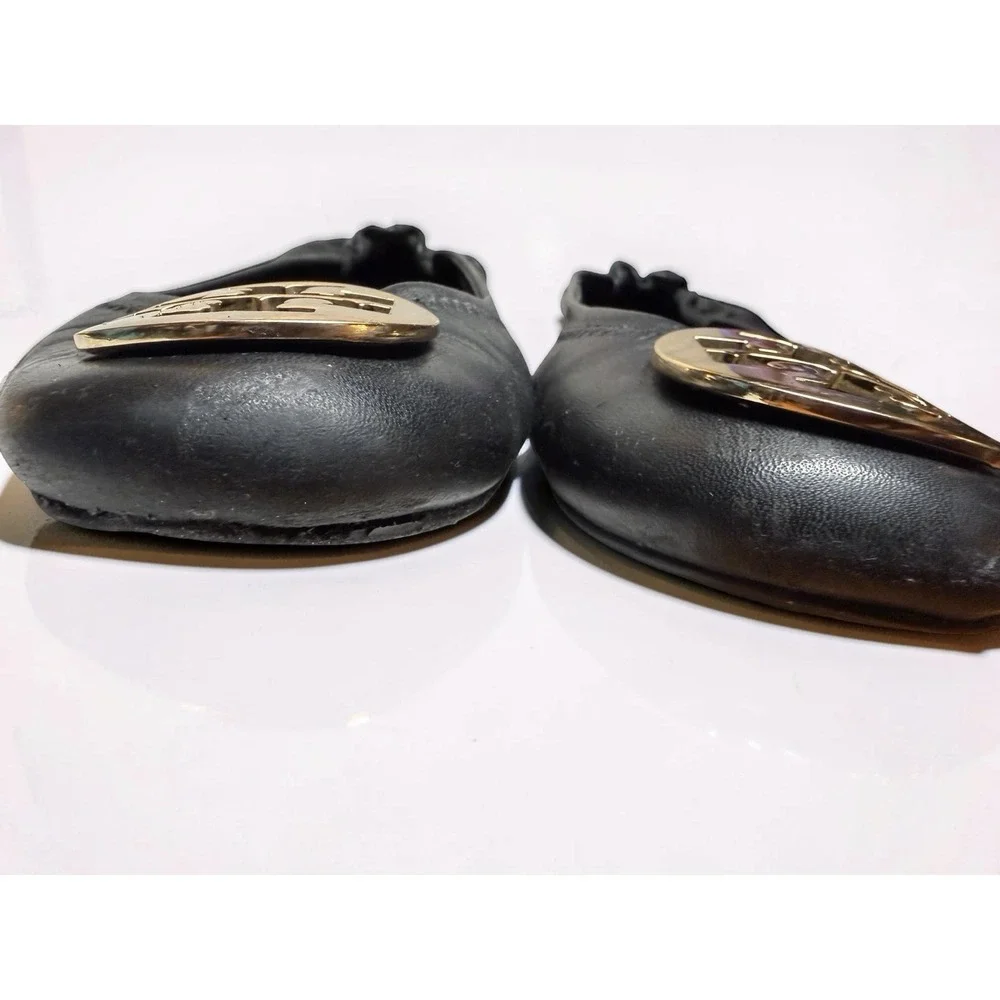 Tory Burch Reva Ballet Flats Gold Medallion Black Leather Comfy Stretch Size 10